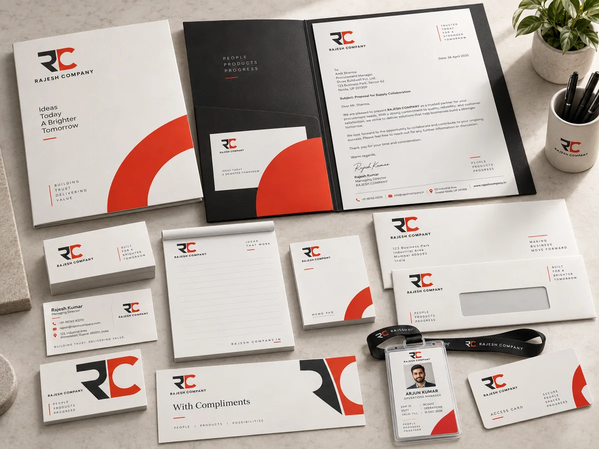 Illustrative arrangement of corporate stationery and identity cards